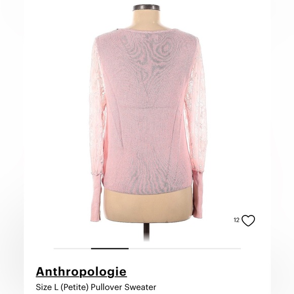 Anthropologie Pink Lace-Sleeve Sweater w/ sweetheart neckline, sz L petite - Picture 3 of 5